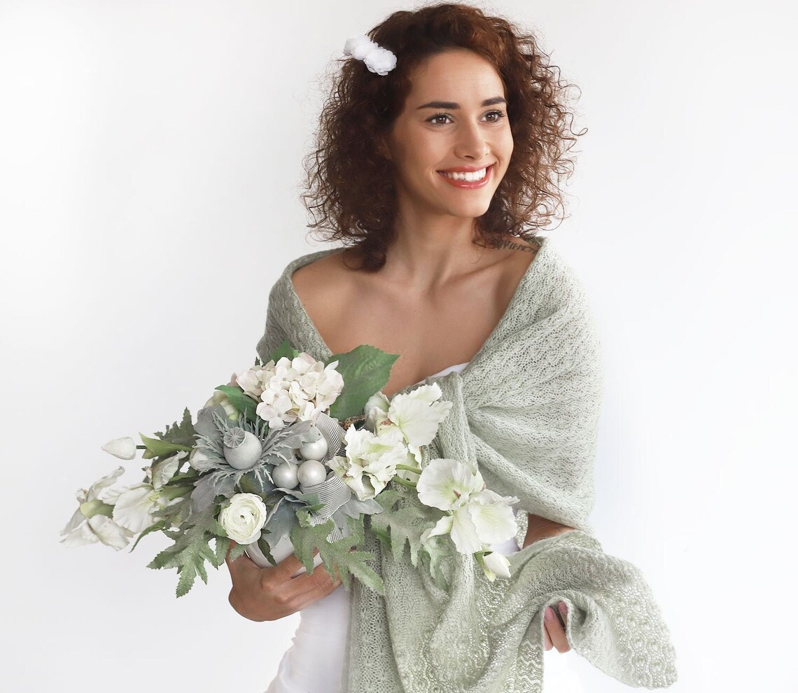 sage green knitted wedding shawl